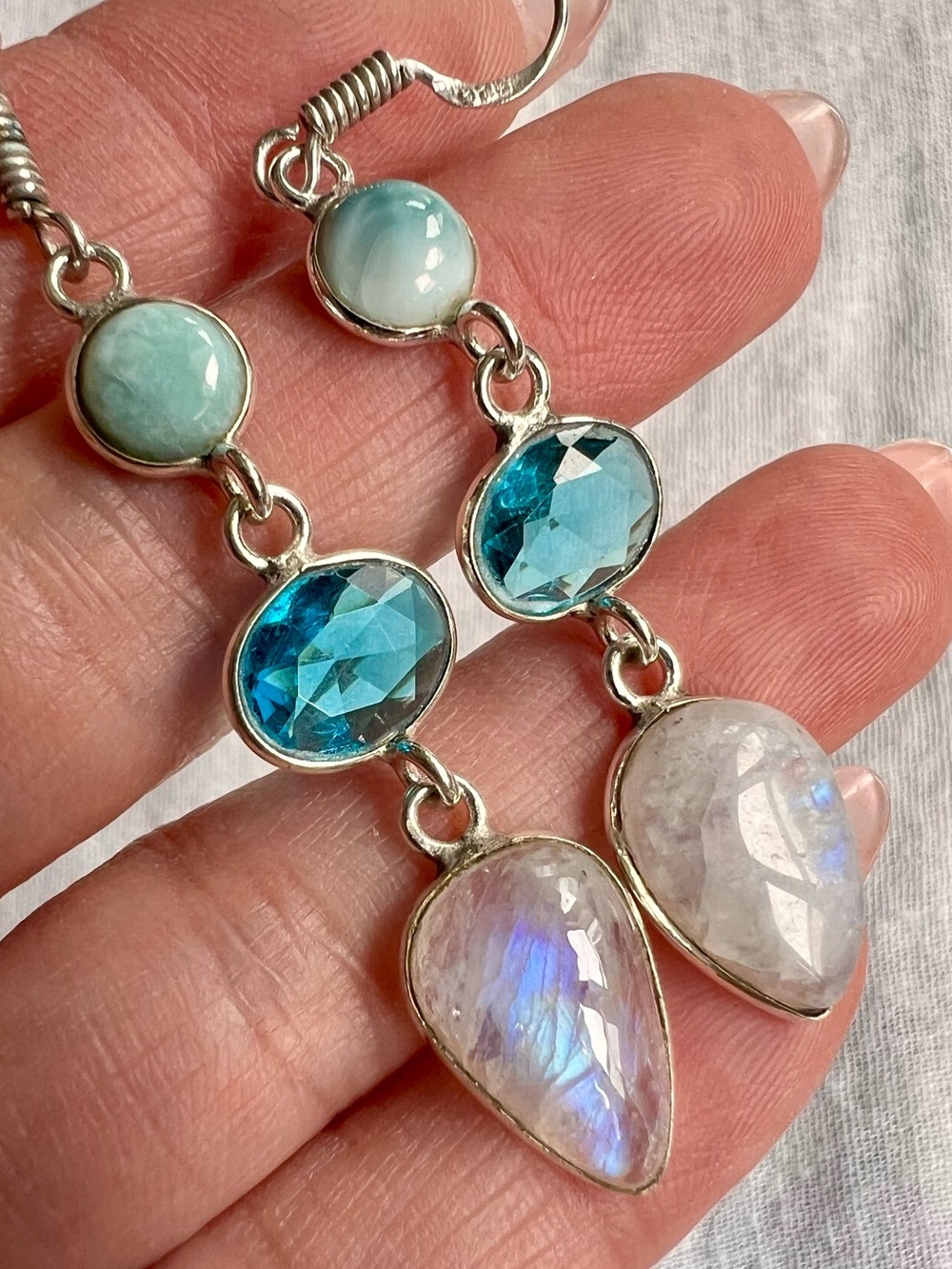 925 OMG WOW! Larimar + Flash Moonstone + Blue Topaz Dangly Earrings